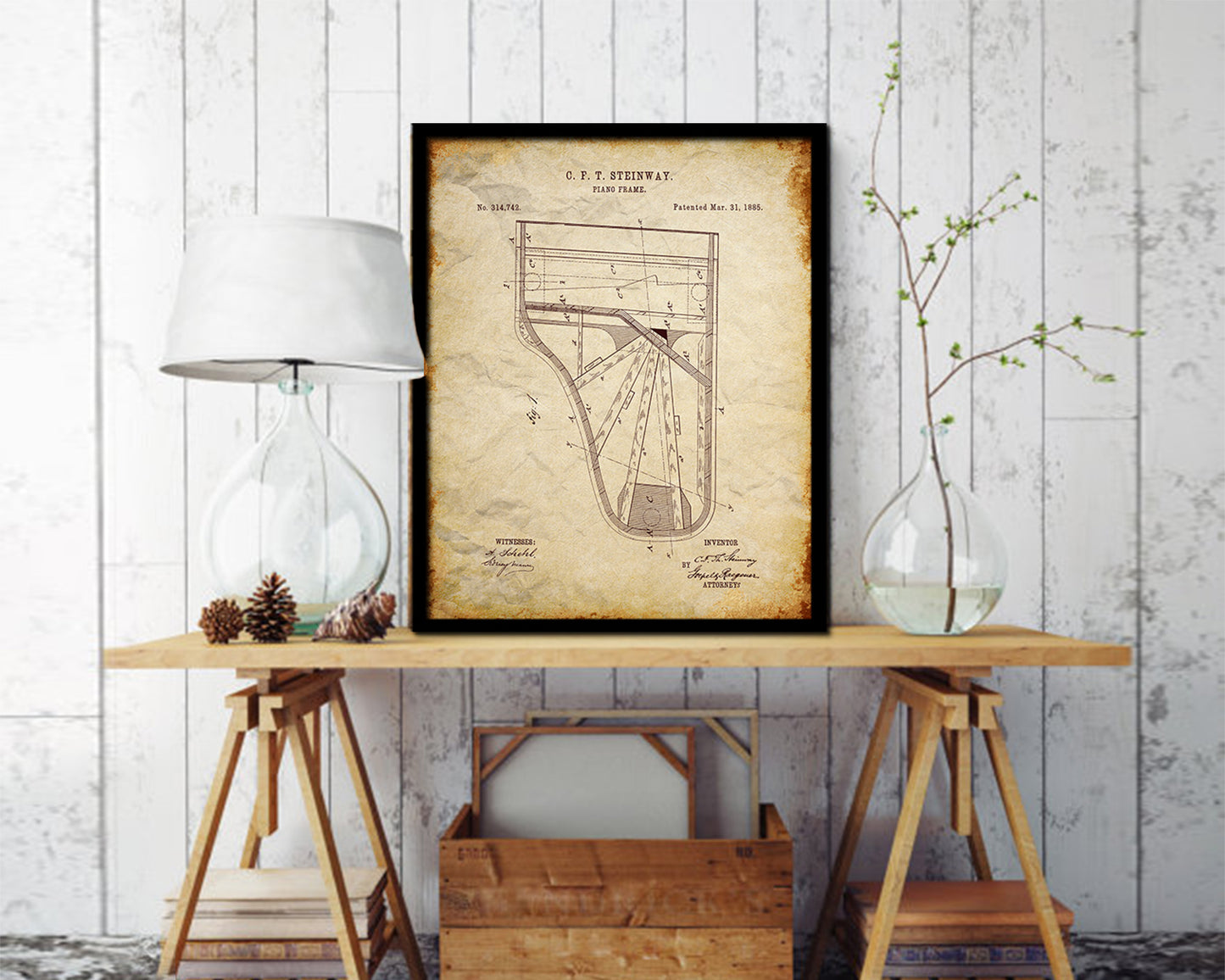 Piano Frame Music Vintage Patent Artwork Walnut Frame Print Wall Art Decor Gifts