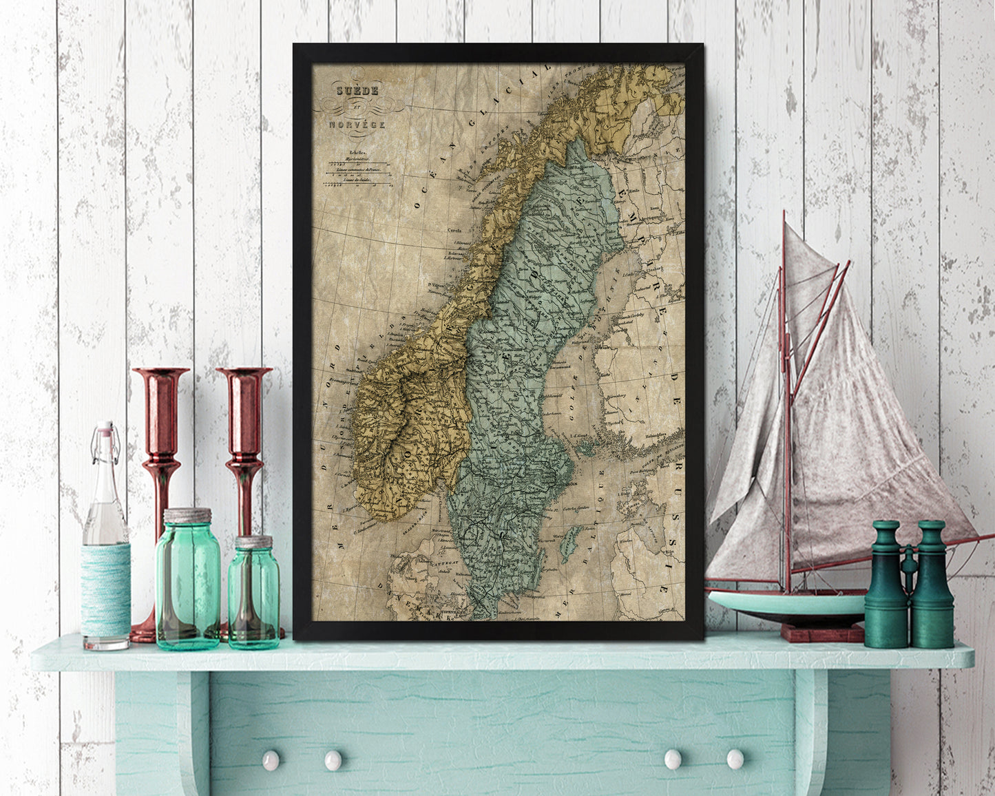 Sweden and Norway Historical Map Wood Framed Print Art Wall Decor Gifts