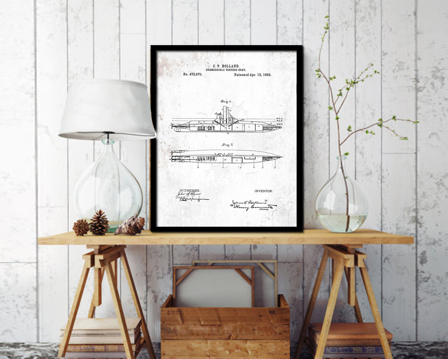 Submarine Nautical Vintage Patent Artwork Black Frame Print Gifts