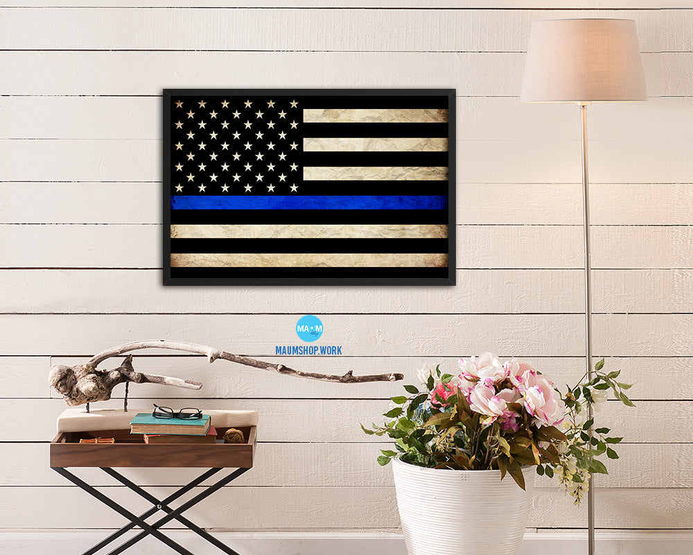 Thin Blue Line Honoring Law Enforcement American Vintage Military Flag Framed Print Art