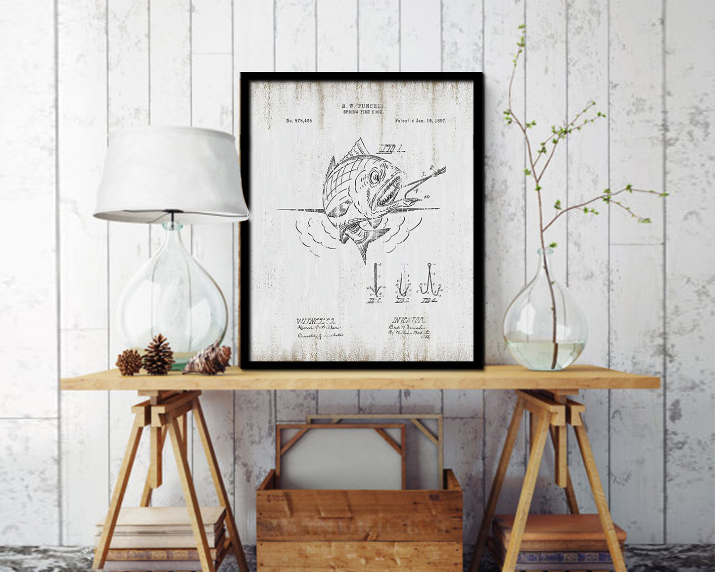 Spring Fish Hook Fishing Vintage Patent Artwork Black Frame Print Wall Art Decor Gifts