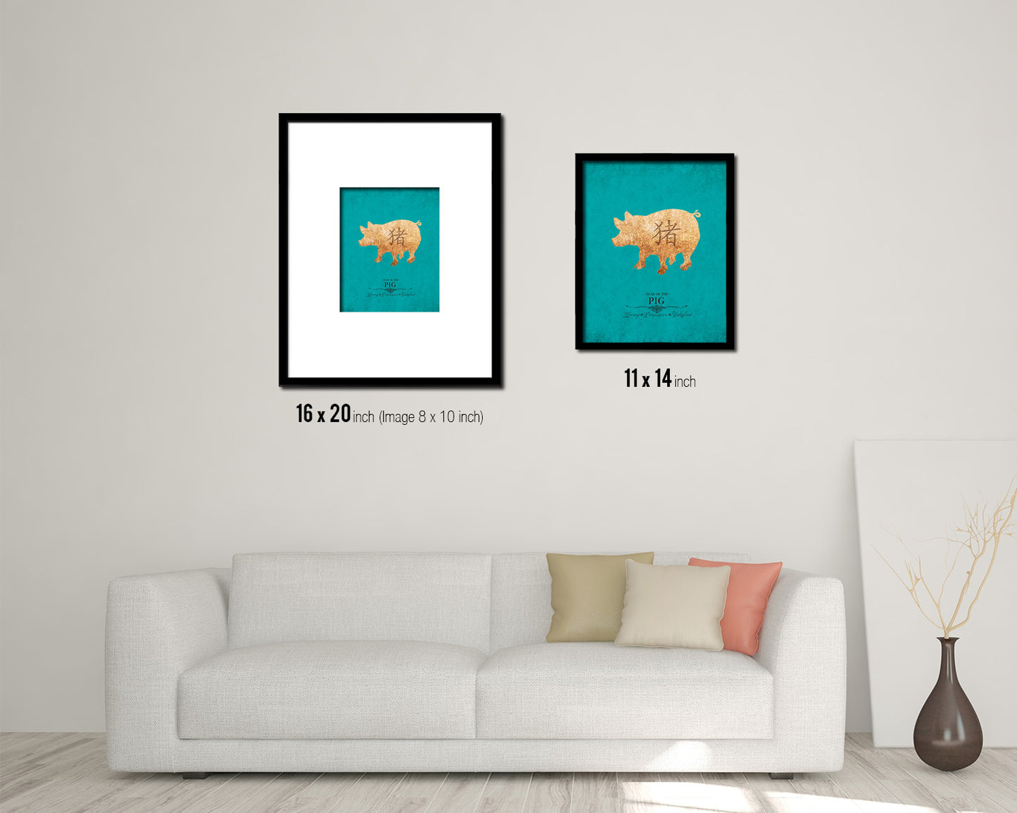 Pig Chinese Zodiac Character Black Framed Art Paper Print Wall Art Decor Gifts, Aqua