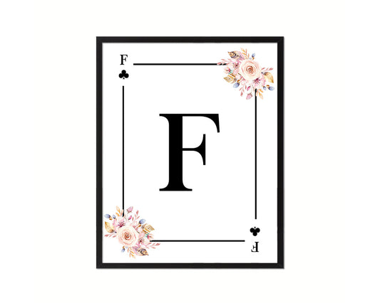 Letter F Personalized Boho Monogram Clover Card Decks Framed Print Wall Art Decor Gifts