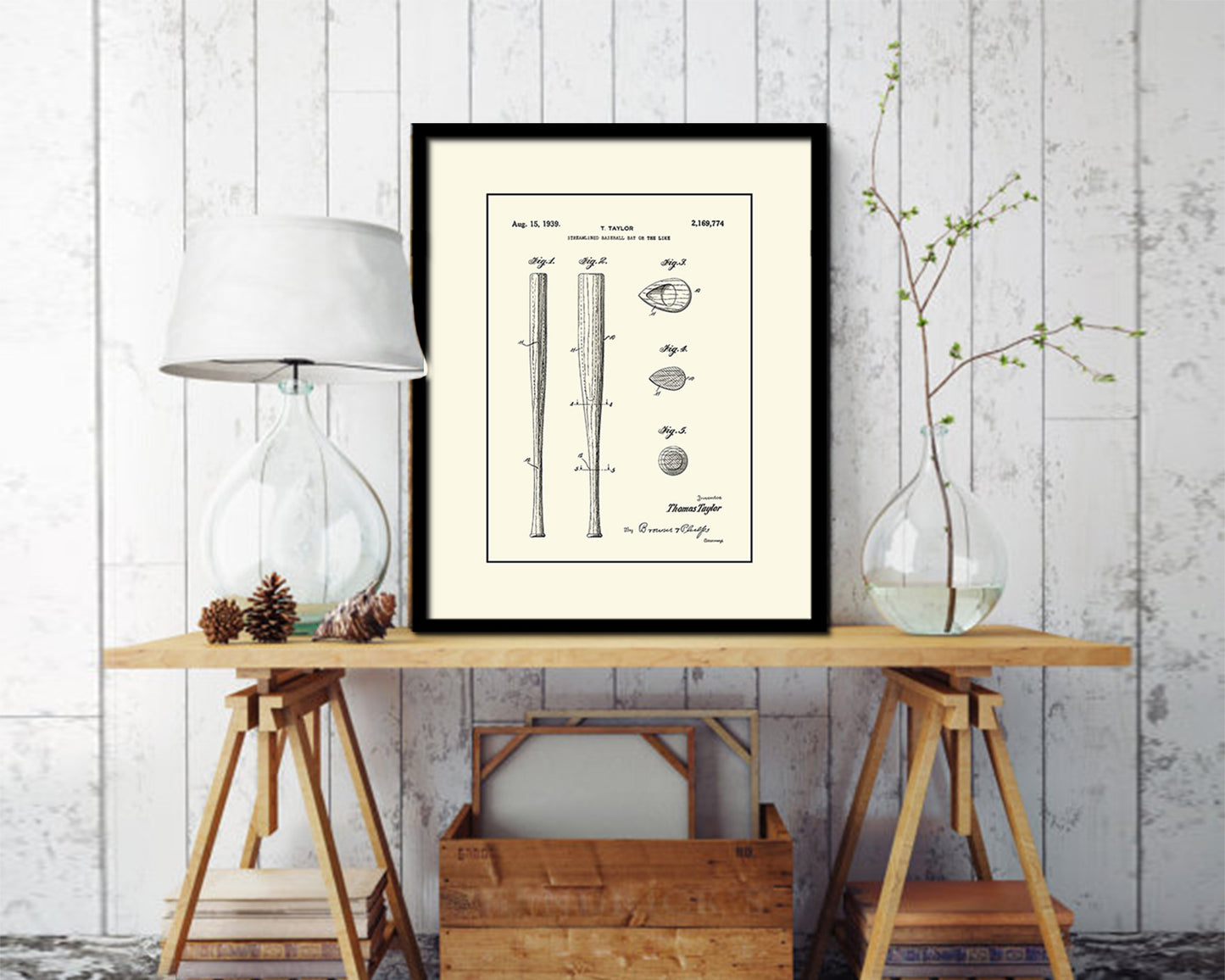 Baseball Bat Sports Vintage Patent Artwork Black Frame Print Wall Art Decor Gifts