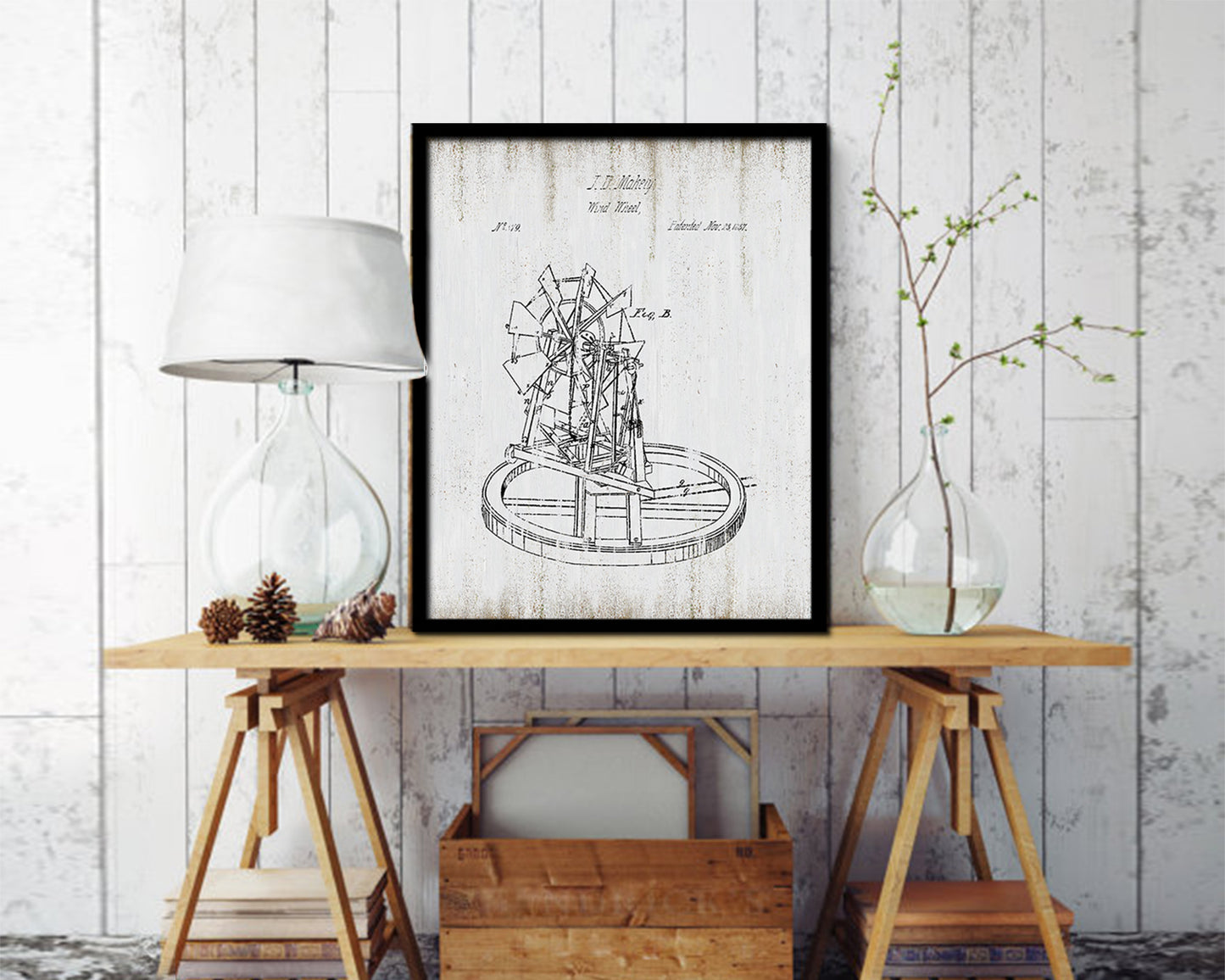 Wind Wheel Farming Vintage Patent Artwork Black Frame Print Gifts