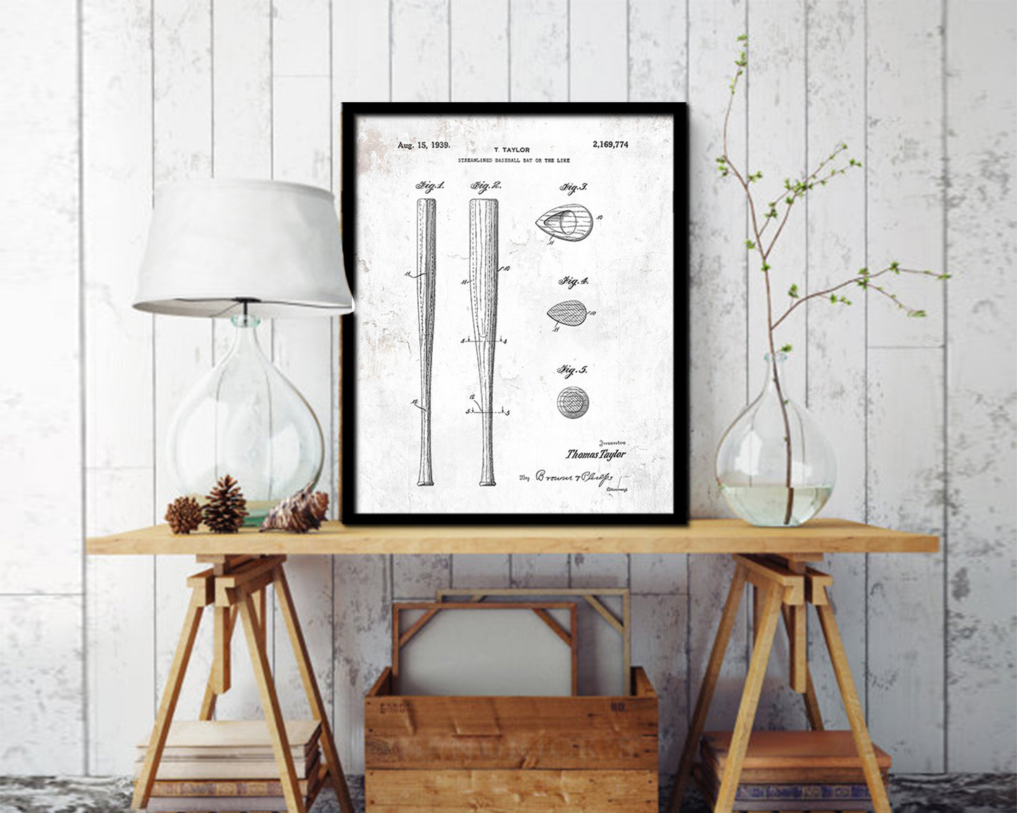 Baseball Bat Sports Vintage Patent Artwork Black Frame Print Wall Art Decor Gifts