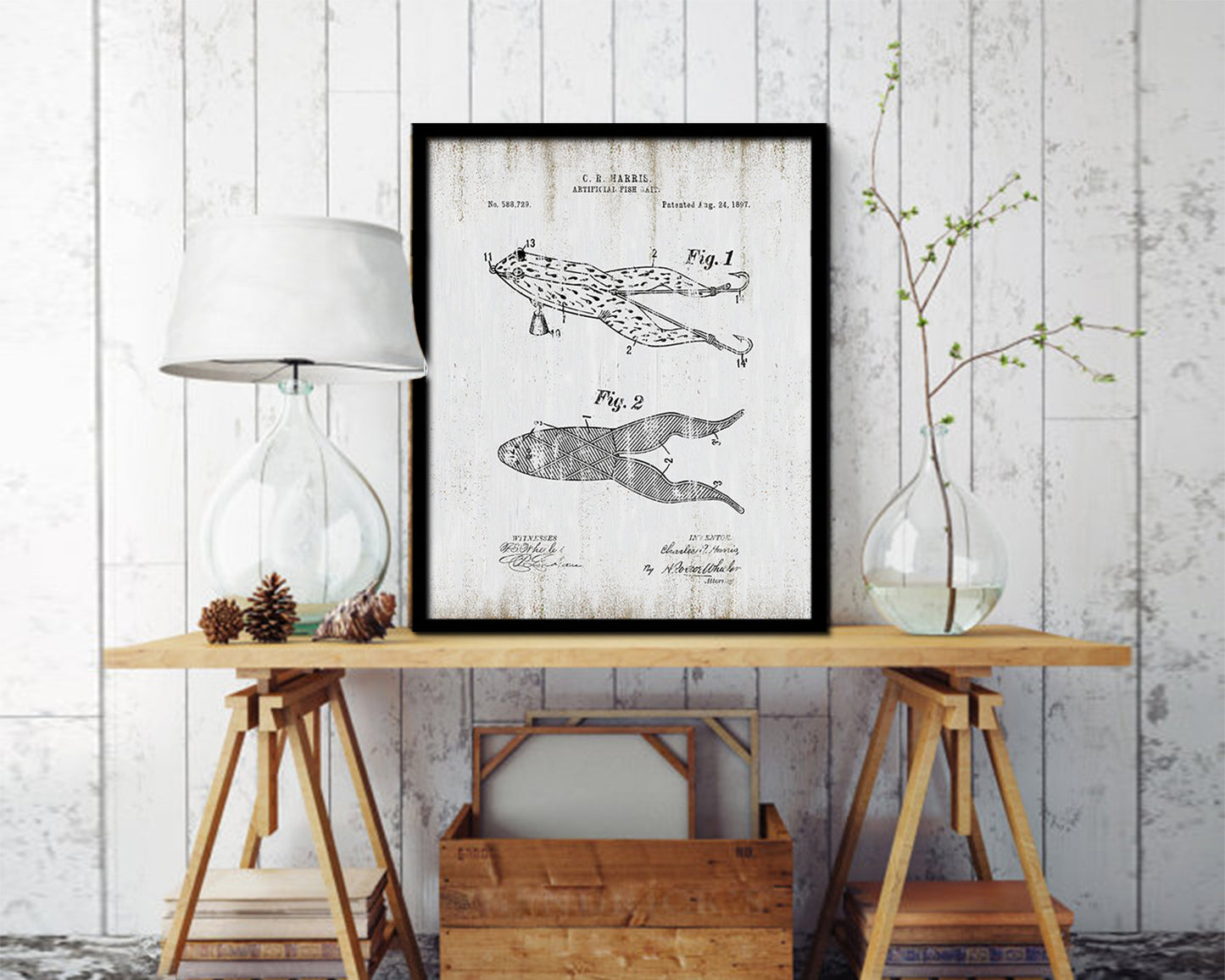 Artificial Fish Frog Bait Fishing Vintage Patent Artwork Black Frame Print Gifts