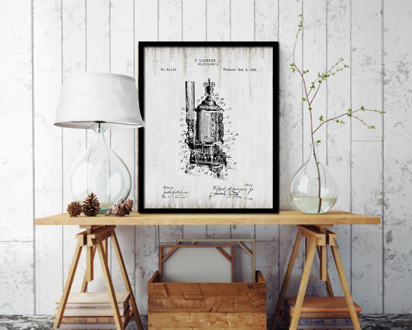 Heating Stove Design Kitchen Vintage Patent Artwork Black Frame Print Gifts