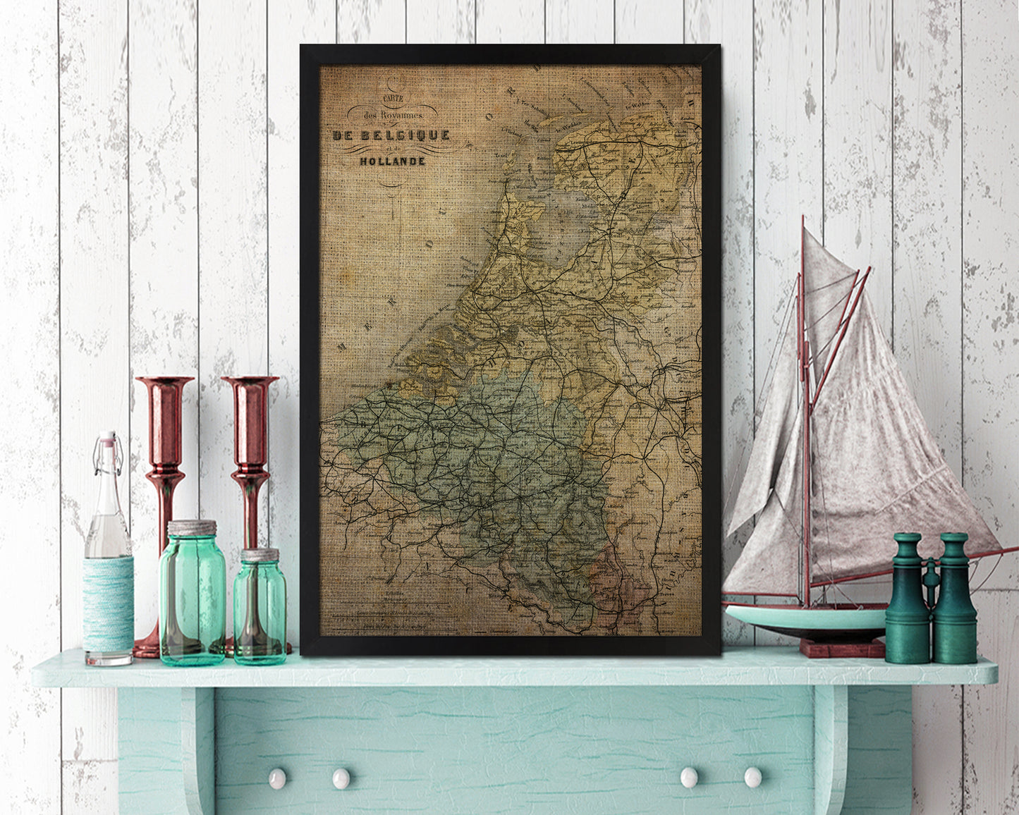 Holland and Belgium Vintage Map Wood Framed Print Art Wall Decor Gifts