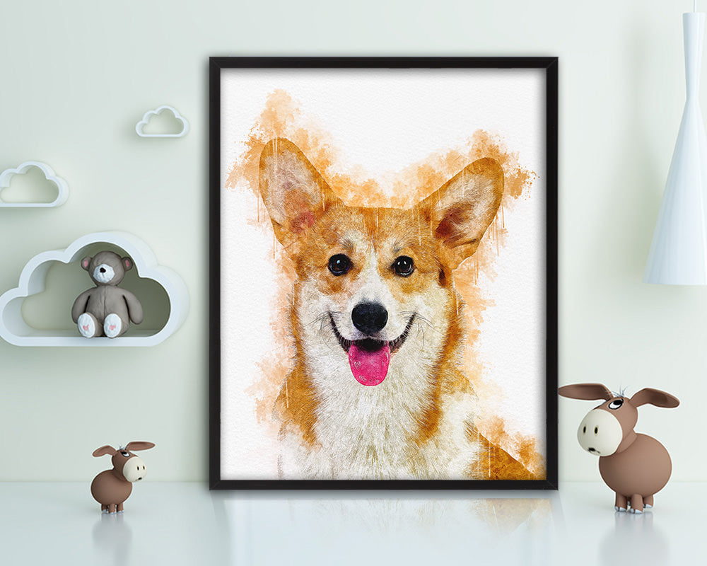 Corgi Pembroke Dog Puppy Portrait Framed Print Pet Watercolor Wall Decor Art Gifts