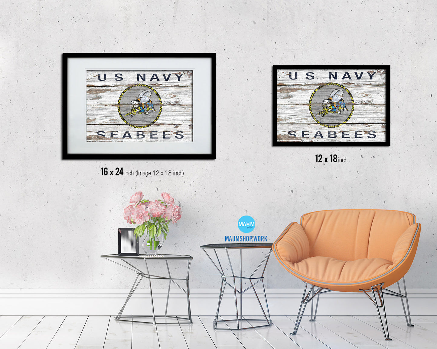 US Navy Seabees Wood Rustic Flag Wood Framed Print Wall Art Decor Gifts