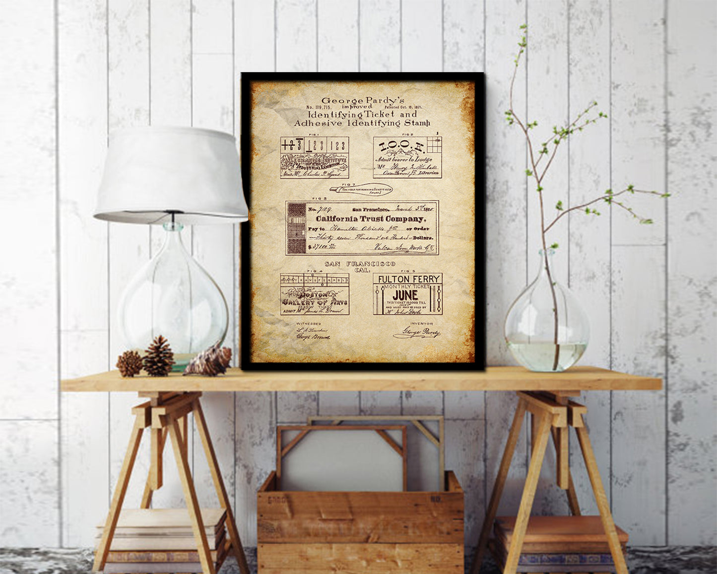 Postage Stamp Vintage Patent Artwork Walnut Frame Gifts