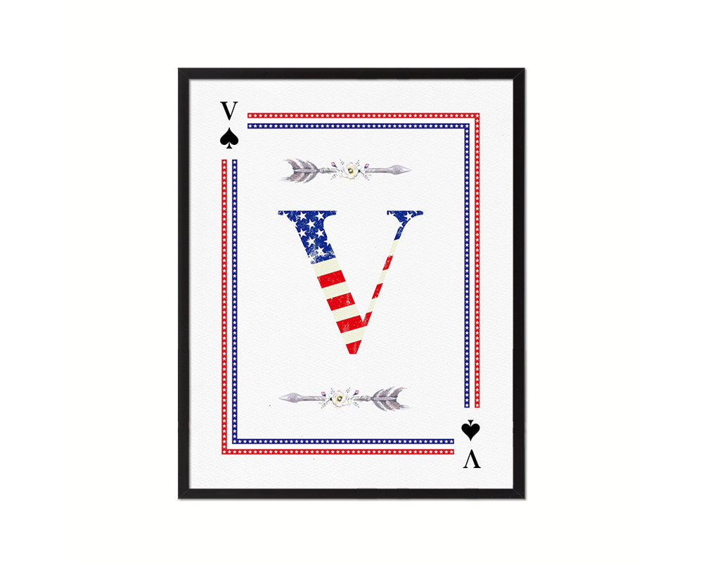 Letter V Custom Monogram Card Decks Spade American Flag Framed Print Wall Art Decor Gifts