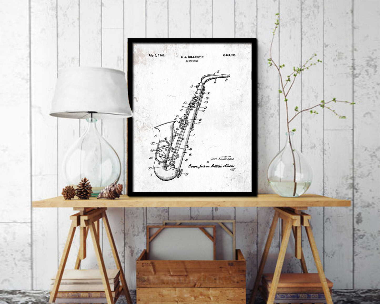 Saxophone Music Vintage Patent Artwork Black Frame Print Wall Art Decor Gifts