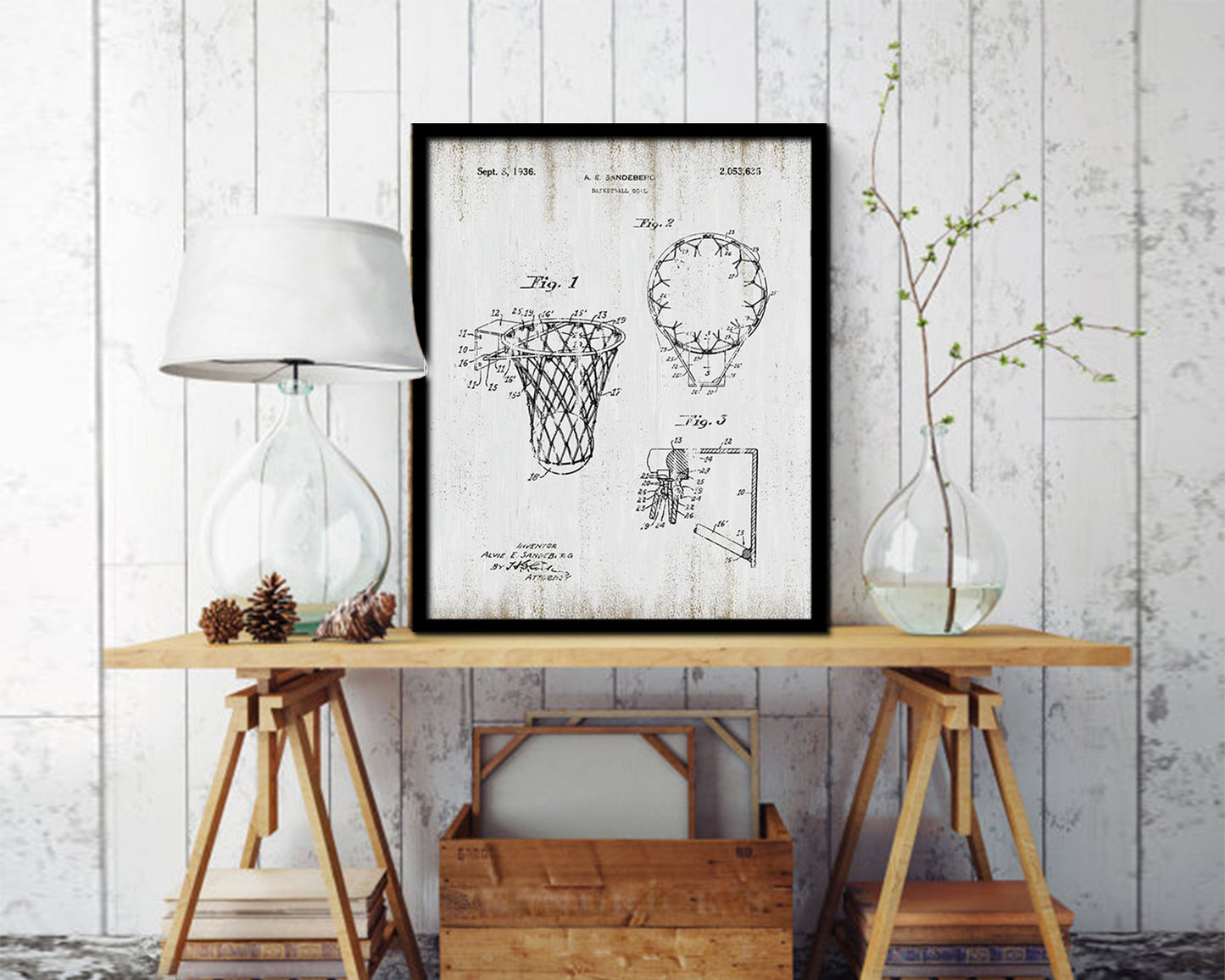 Basketball Goal Hoop and Net Sports Vintage Patent Artwork Black Frame Print Gifts