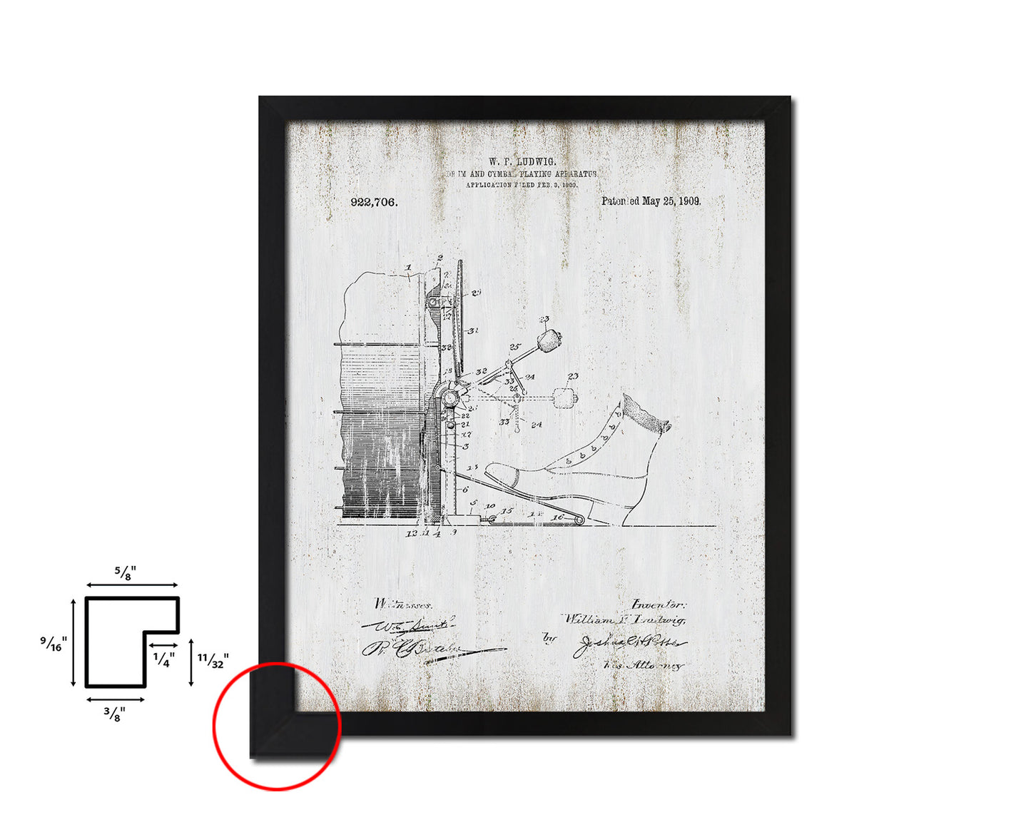 Drum and Cymbal Playing Music Vintage Patent Artwork Black Frame Gifts