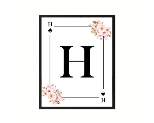 Letter H Personalized Boho Monogram Spade Card Decks Framed Print Wall Art Decor Gifts