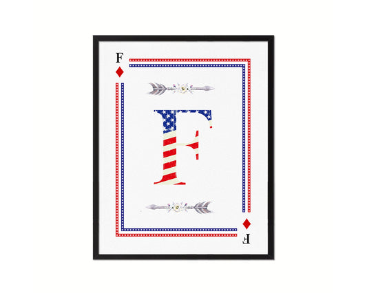 Letter F Custom Monogram Decks Diamond American Flag Framed Print Wall Art Decor Gifts