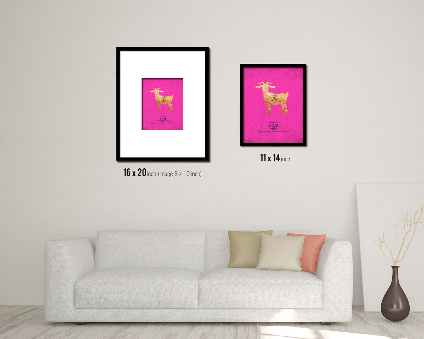 Ram Chinese Zodiac Character Black Framed Art Paper Print Wall Art Decor Gifts, Pink