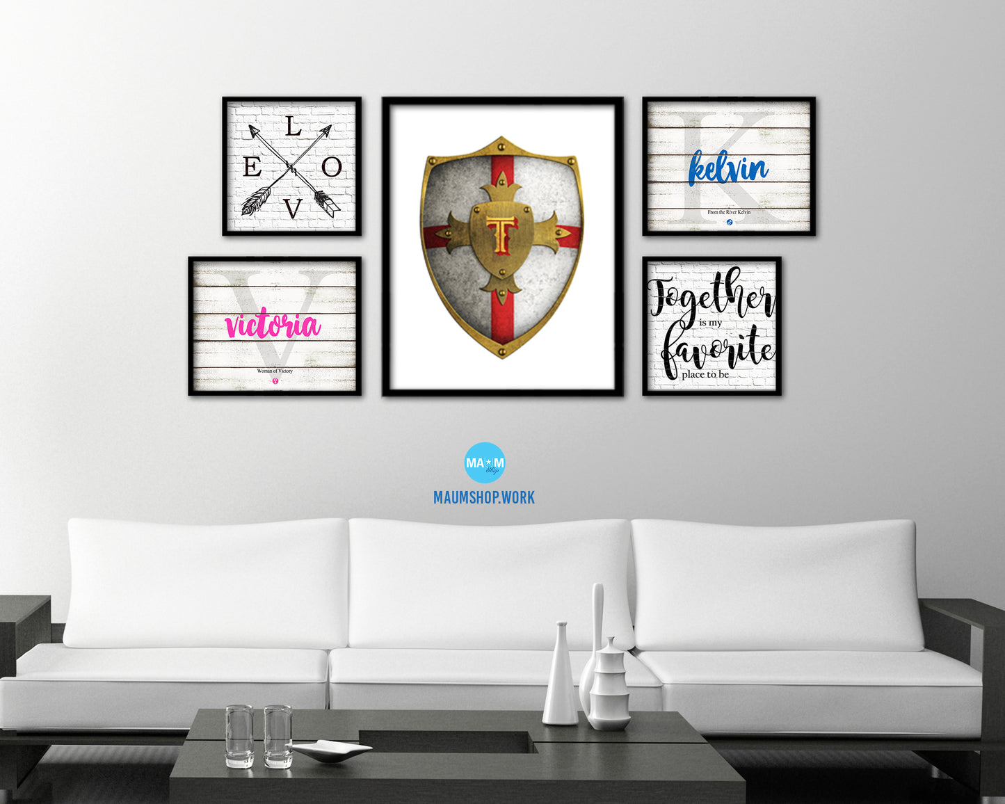 Letter T Medieval Castle Knight Shield Monogram Framed Print Wall Art Decor Gifts