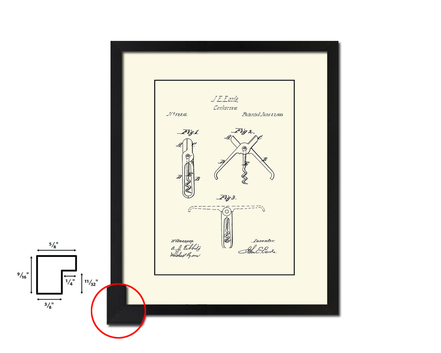 Corkscrew Wine Vintage Patent Artwork Black Frame Print Gifts