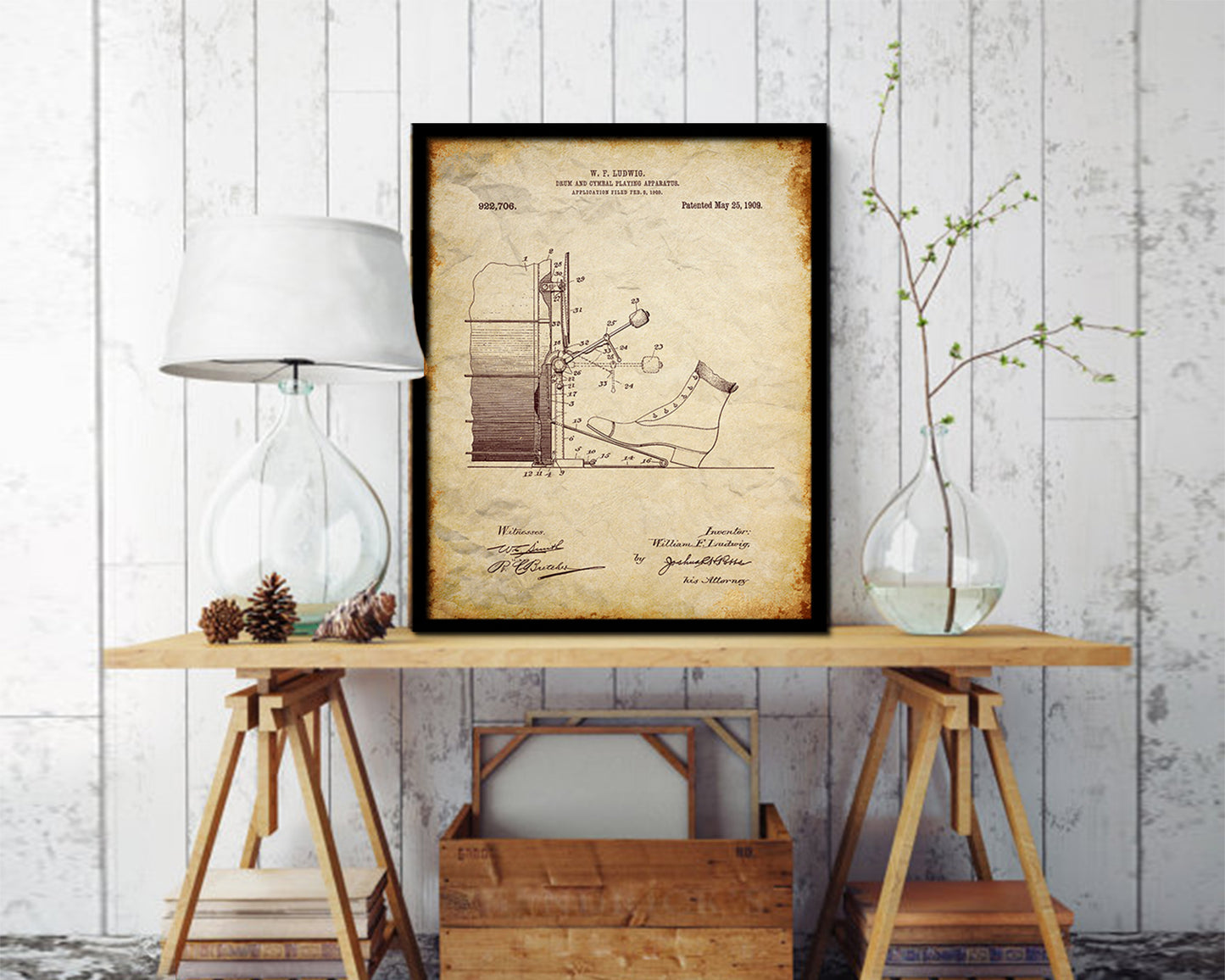 Drum and Cymbal Playing Music Vintage Patent Artwork Walnut Frame Gifts