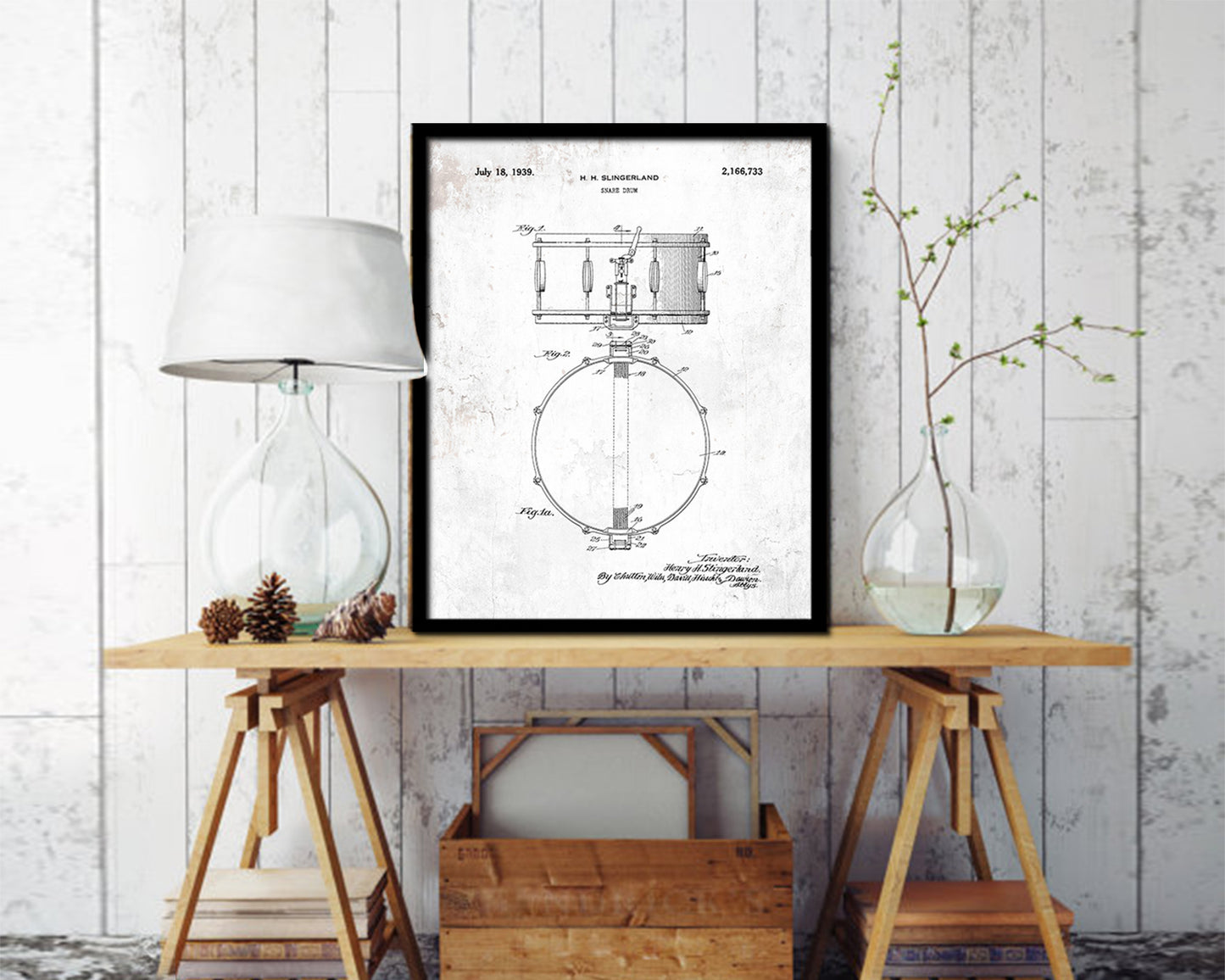 Snare Drum Music Vintage Patent Artwork Black Frame Print Wall Art Decor Gifts