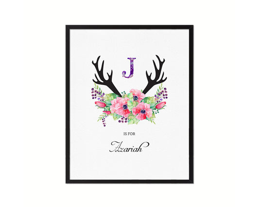 Initial Letter J Watercolor Floral Boho Monogram Art Framed Print Baby Girl Room Wall Decor Gifts