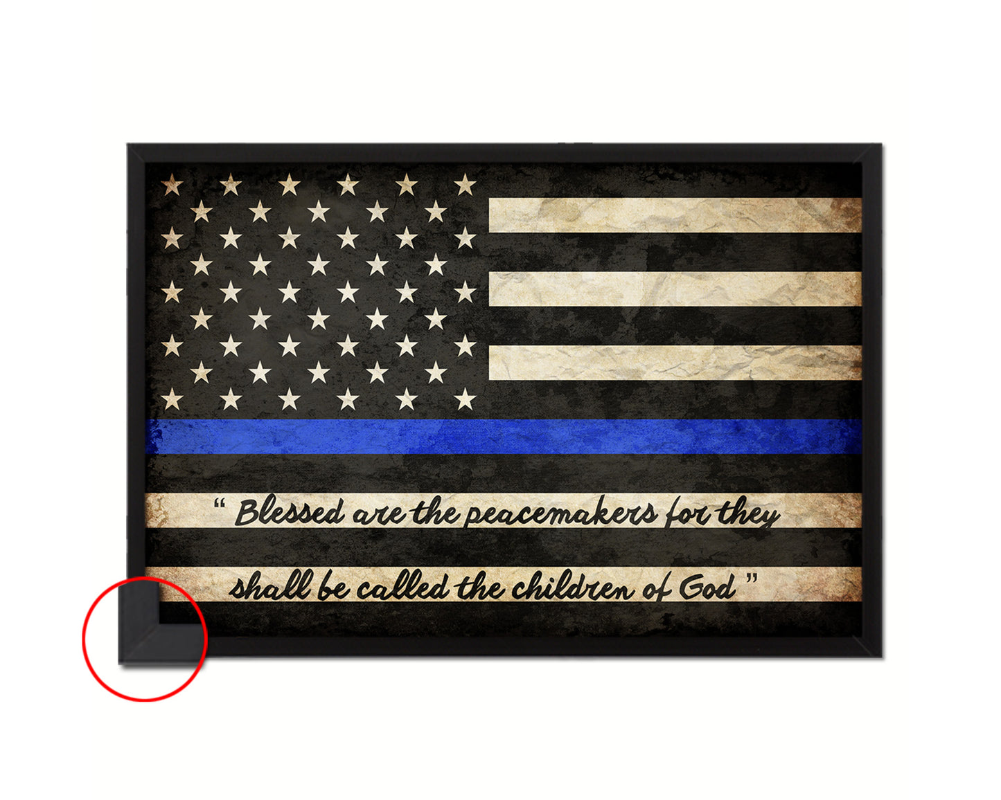 Thin Blue Line Honoring Law Enforcement American, Mathew 5-9 Vintage Military Flag Framed Print Art