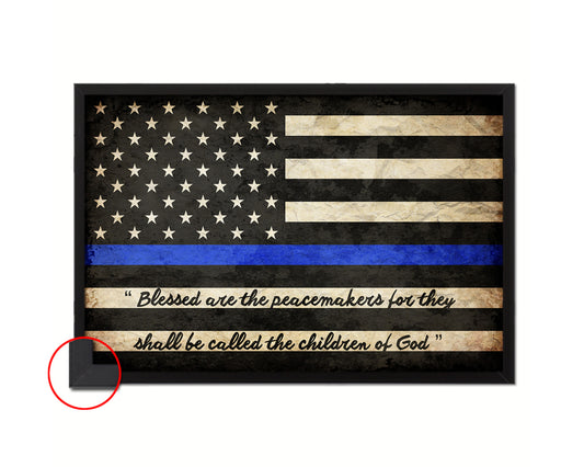 Thin Blue Line Honoring Law Enforcement American, Mathew 5-9 Vintage Military Flag Framed Print Art