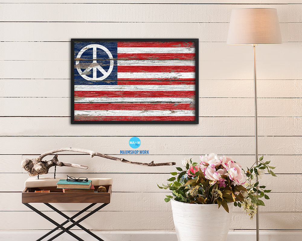 US Peace Sign Anti War American Wood Rustic Flag Wood Framed Print Wall Art Decor Gifts