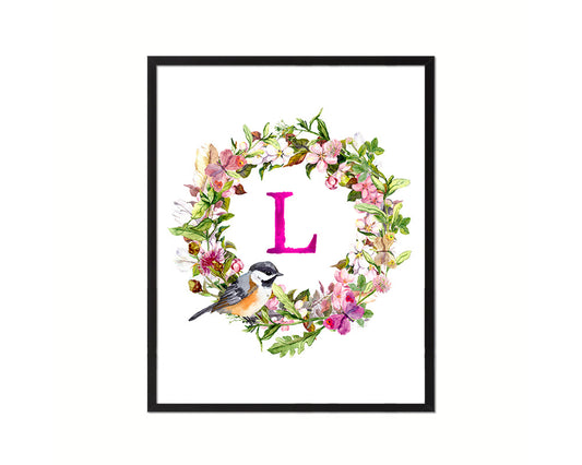 Letter L Floral Wreath Monogram Framed Print Wall Art Decor Gifts