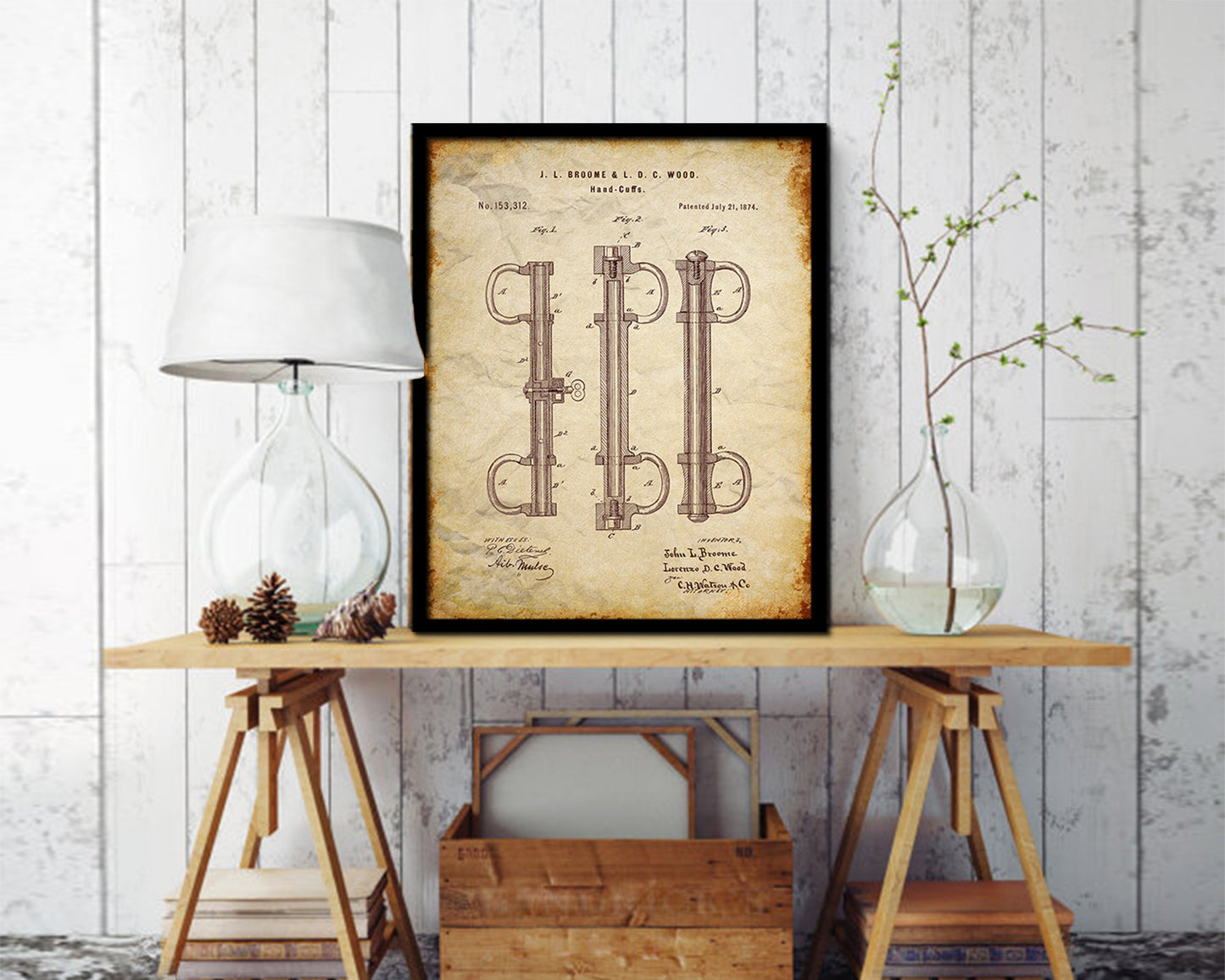 Handcuffs Police Vintage Patent Artwork Walnut Frame Print Wall Art Decor Gifts