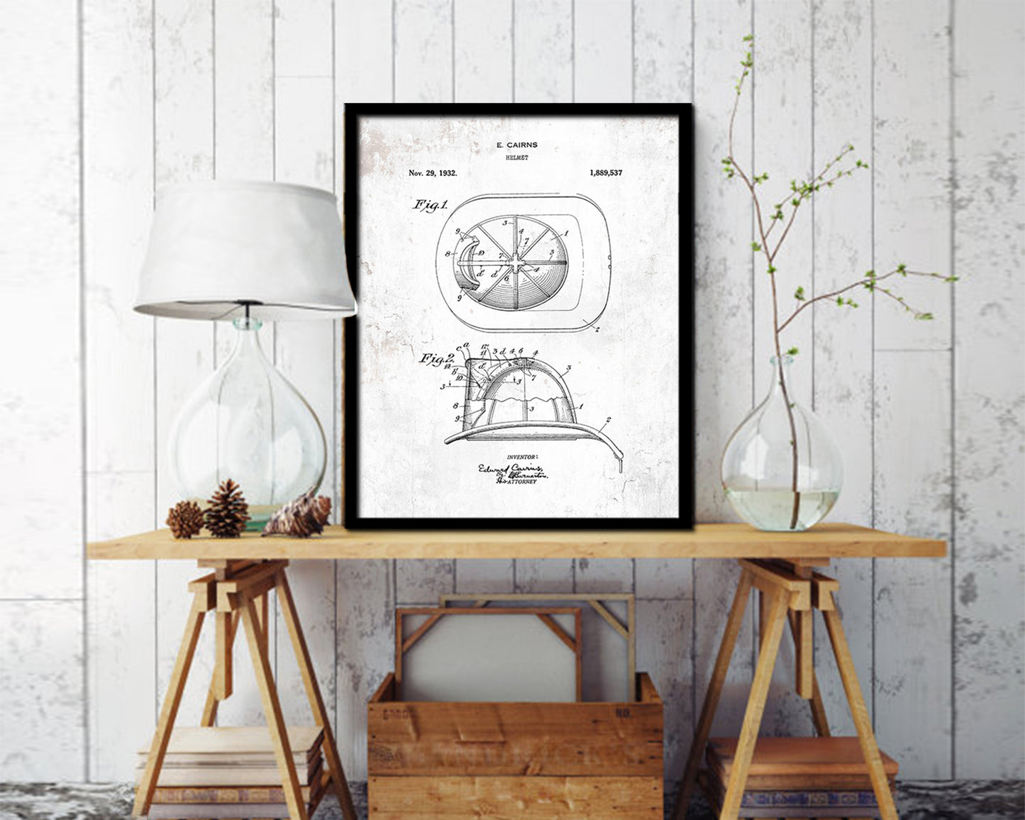 Firefighter Helmet Firefighter Vintage Patent Artwork Black Frame Print Gifts