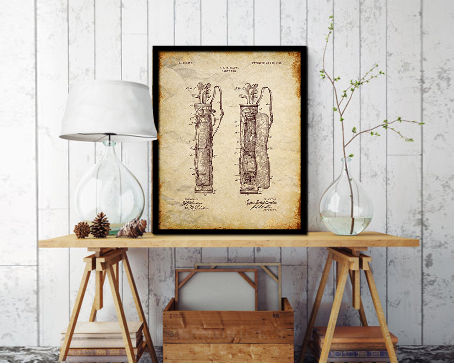 Golf Caddy Bag Sports Vintage Patent Artwork Walnut Frame Gifts