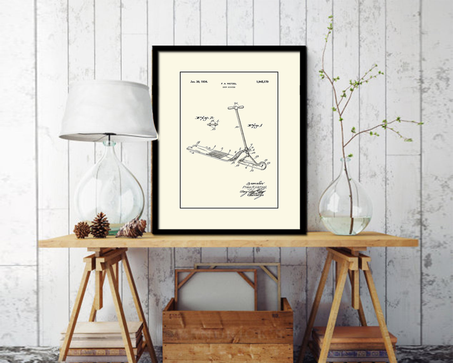 Snow Scooter Sports Vintage Patent Artwork Black Frame Print Gifts