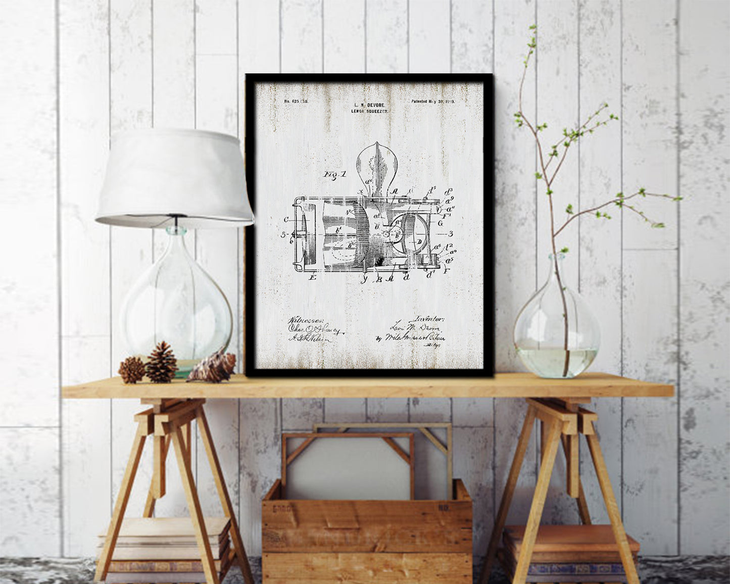 Lemon Squeezer Kitchen Vintage Patent Artwork Black Frame Print Wall Art Decor Gifts