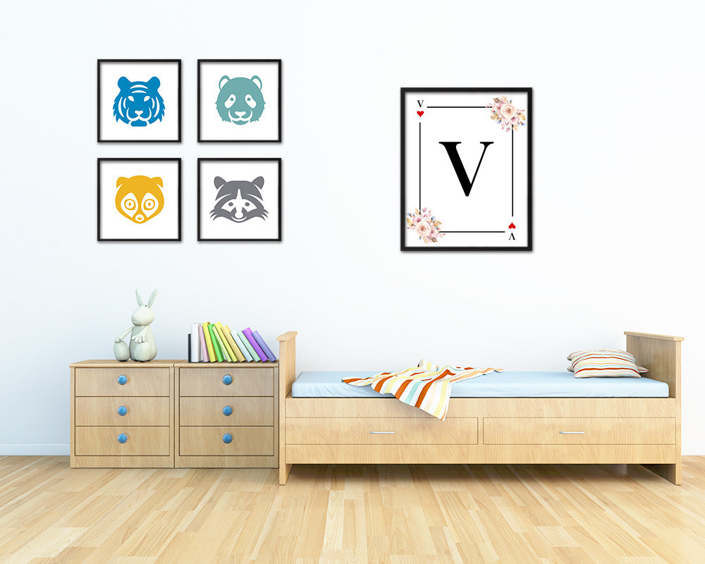 Letter V Personalized Boho Monogram Heart Playing Decks Framed Print Wall Art Decor Gifts