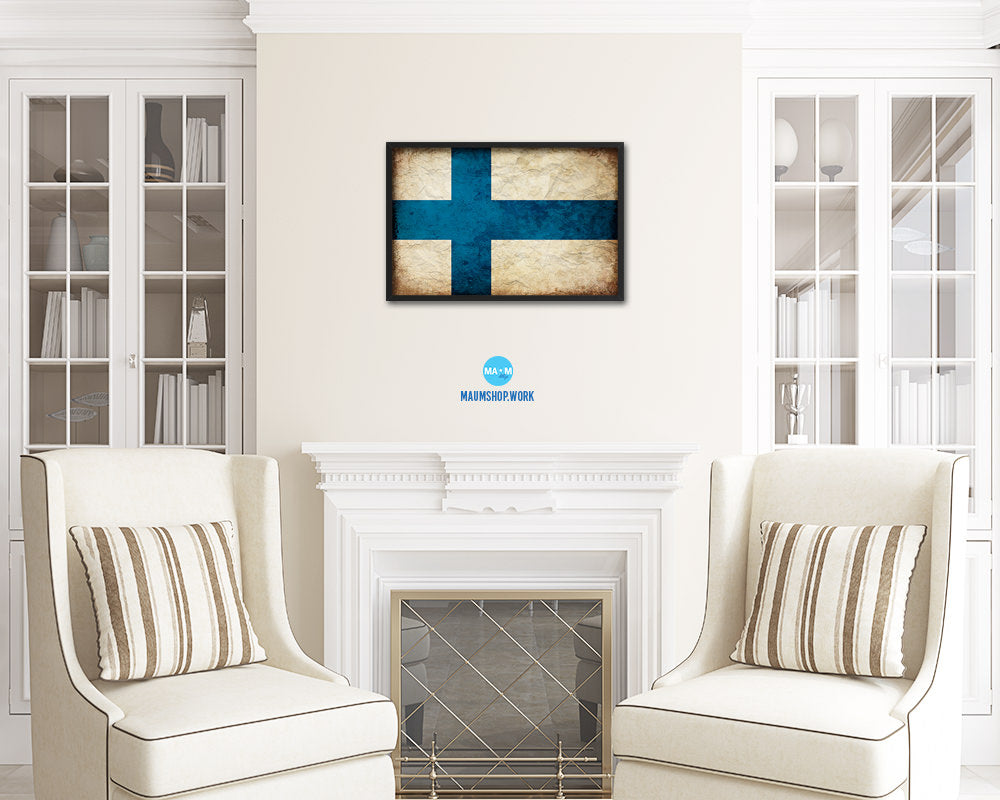 Finland Country Vintage Flag Wood Framed Print Wall Art Decor Gifts