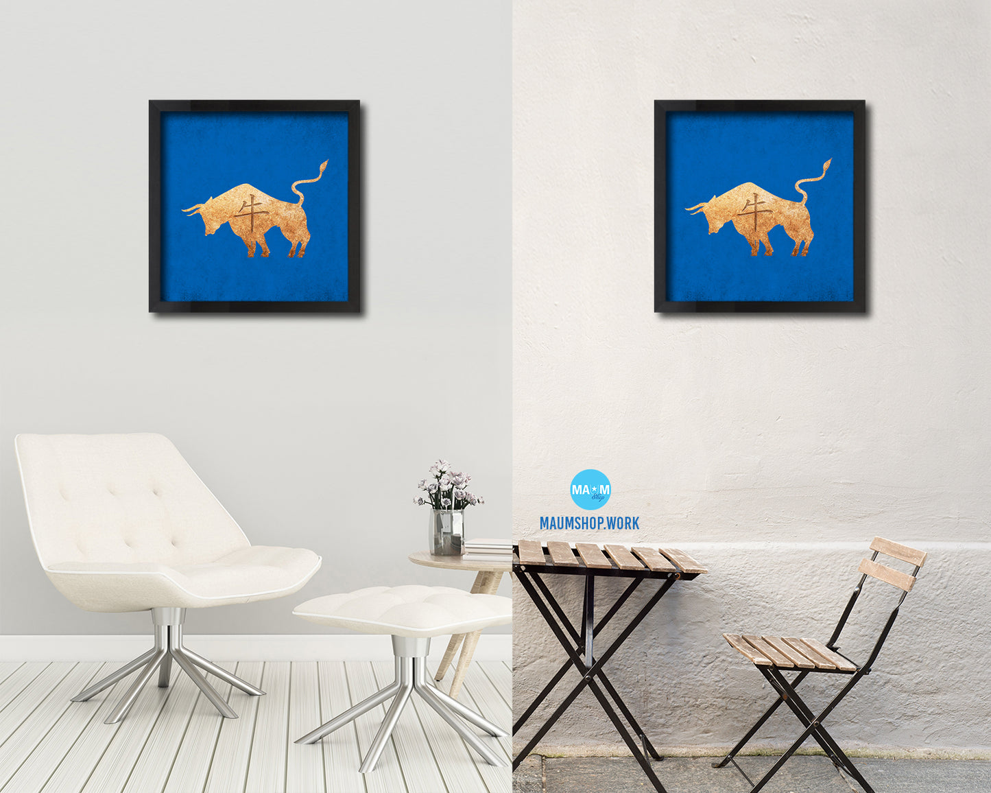 Ox Chinese Zodiac Character Wood Framed Print Wall Art Decor Gifts, Blue