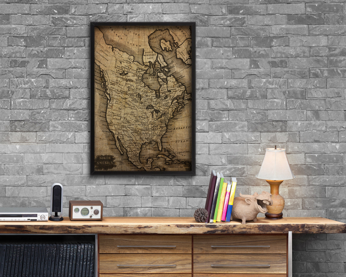 North America Vintage Map Wood Framed Print Art Wall Decor Gifts