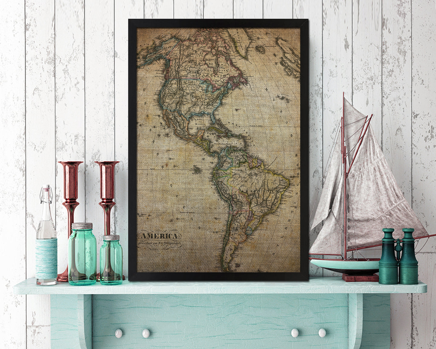 North and South America Vintage Map Wood Framed Print Art Wall Decor Gifts