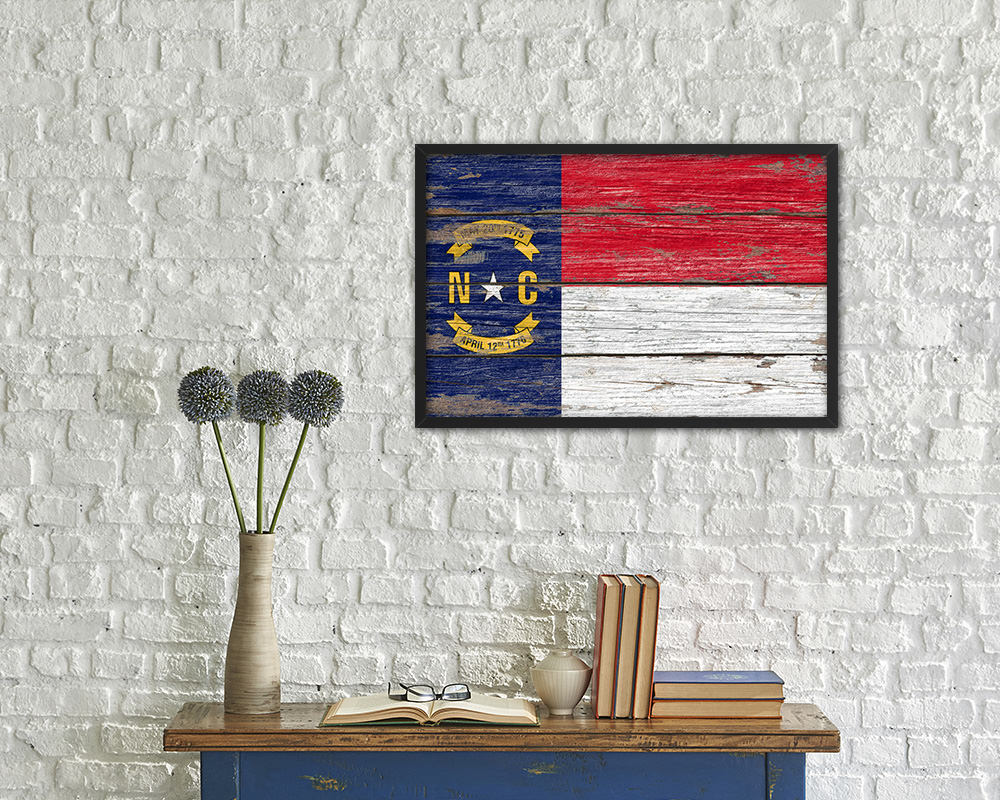 North Carolina State Rustic Flag Wood Framed Paper Prints Wall Art Decor Gifts