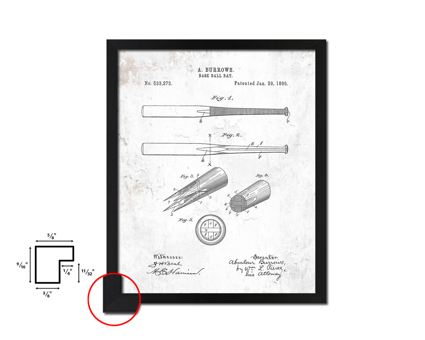 Baseball Bat Sports Vintage Patent Artwork Black Frame Print Wall Art Decor Gifts