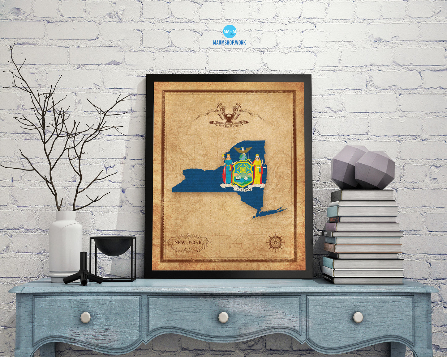 New York State Vintage Map Wood Framed Paper Print  Wall Art Decor Gifts