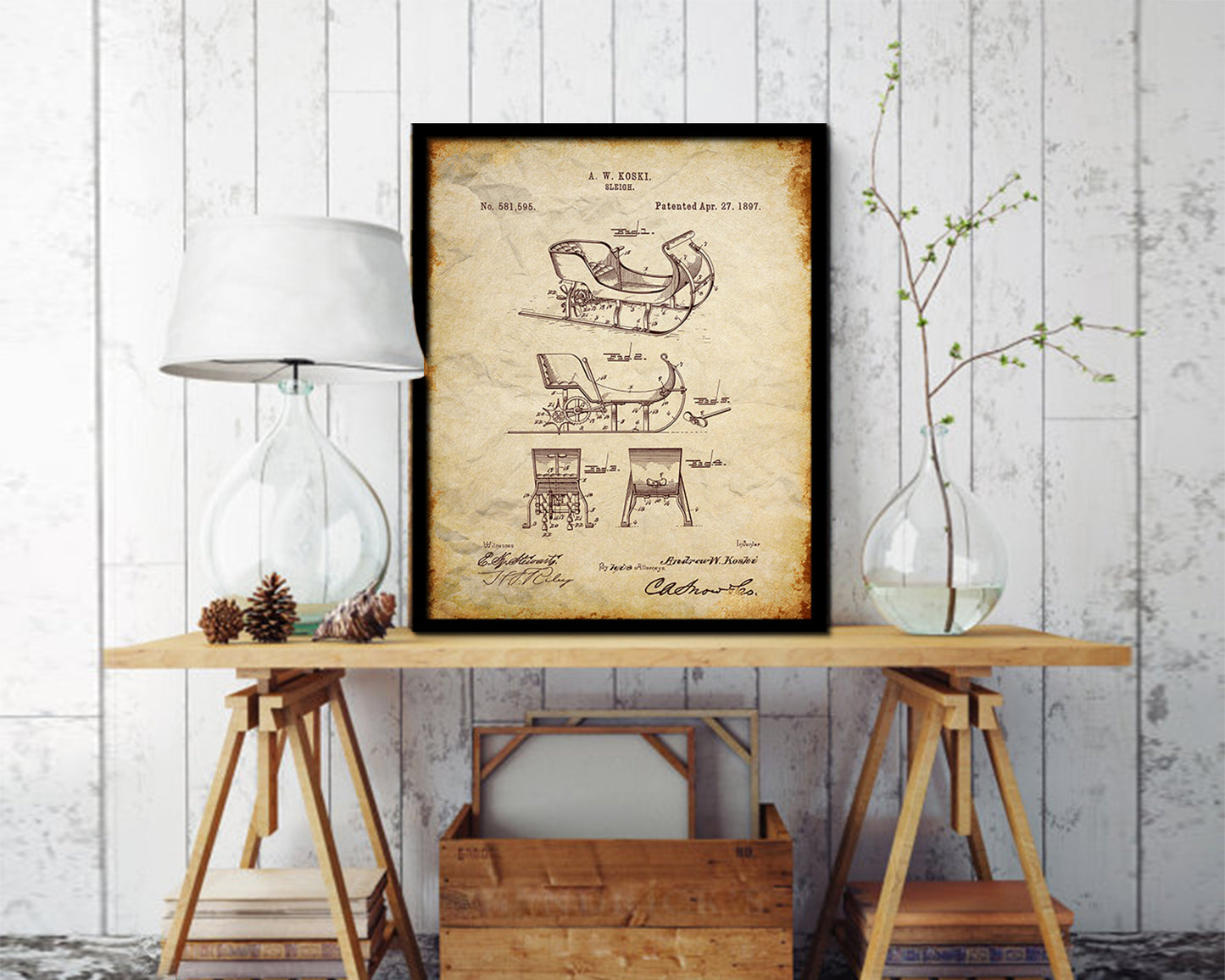 Sleigh Sports Vintage Patent Artwork Walnut Frame Gifts