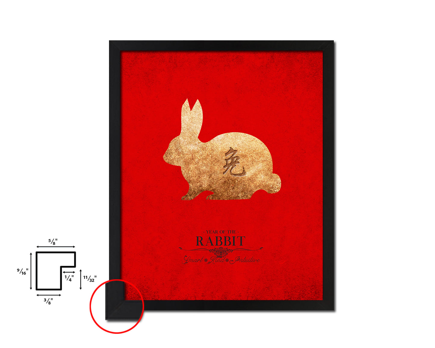 Rabbit Chinese Zodiac Character Black Framed Art Paper Print Wall Art Decor Gifts, Red