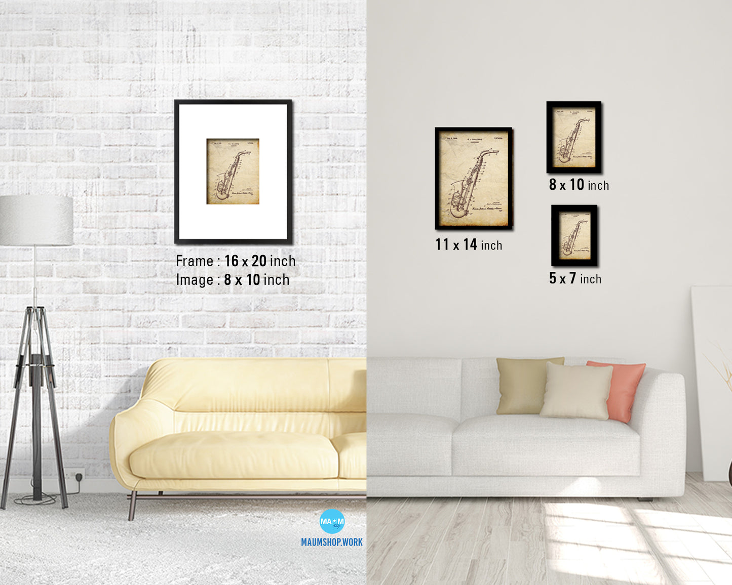 Saxophone Music Vintage Patent Artwork Walnut Frame Print Wall Art Decor Gifts