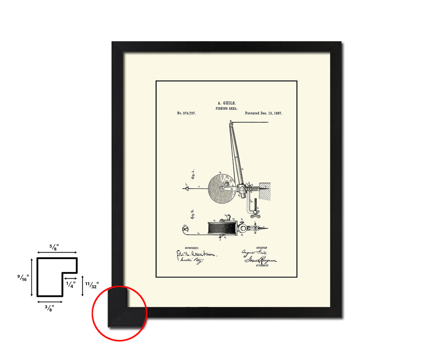 Reel Fishing Vintage Patent Artwork Black Frame Print Wall Art Decor Gifts