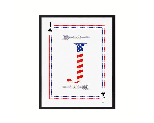 Letter J Custom Monogram Card Decks Clover American Flag Framed Print Wall Art Decor Gifts